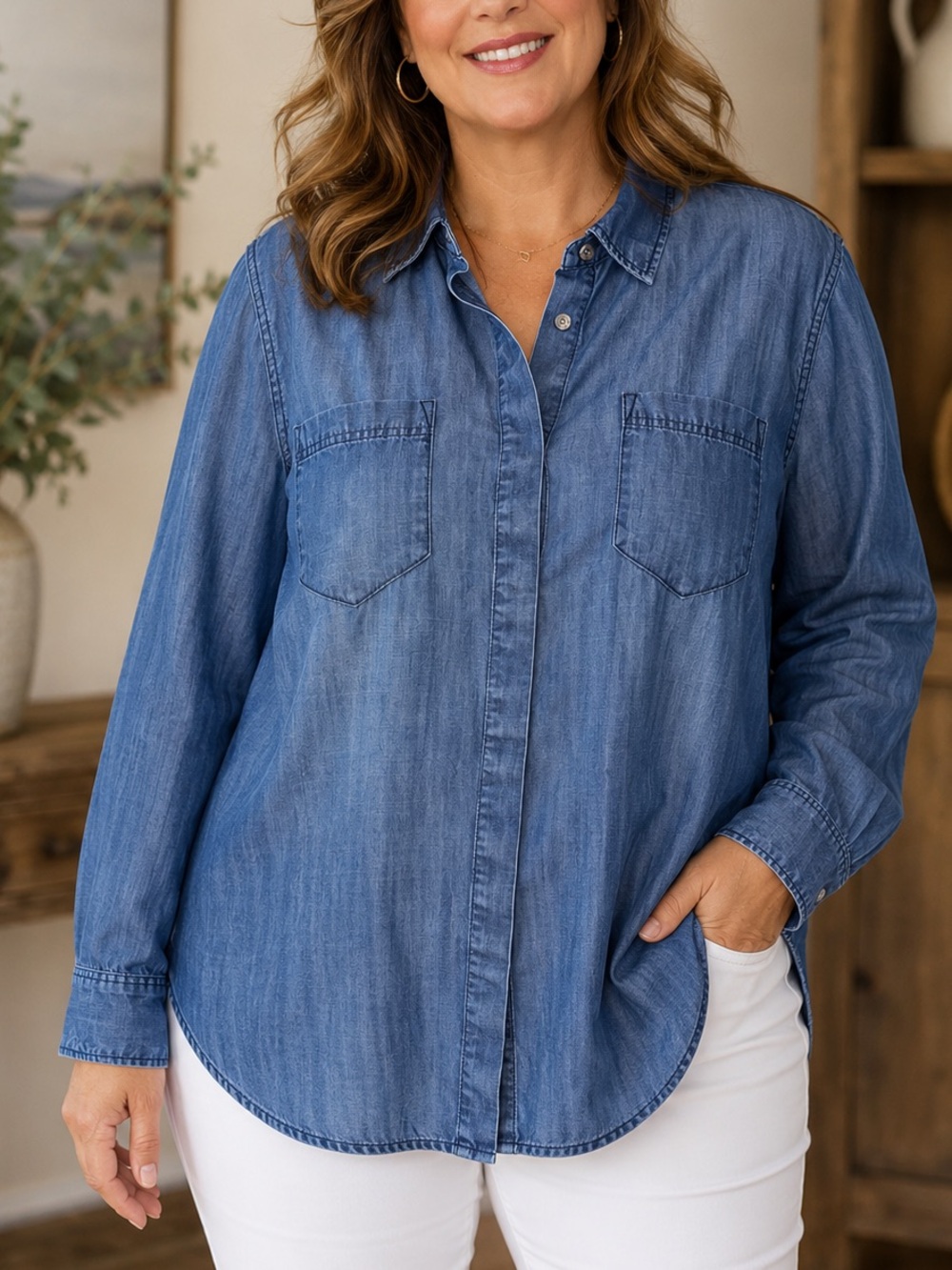 classic Talbots Denim Button-Down Shirt large